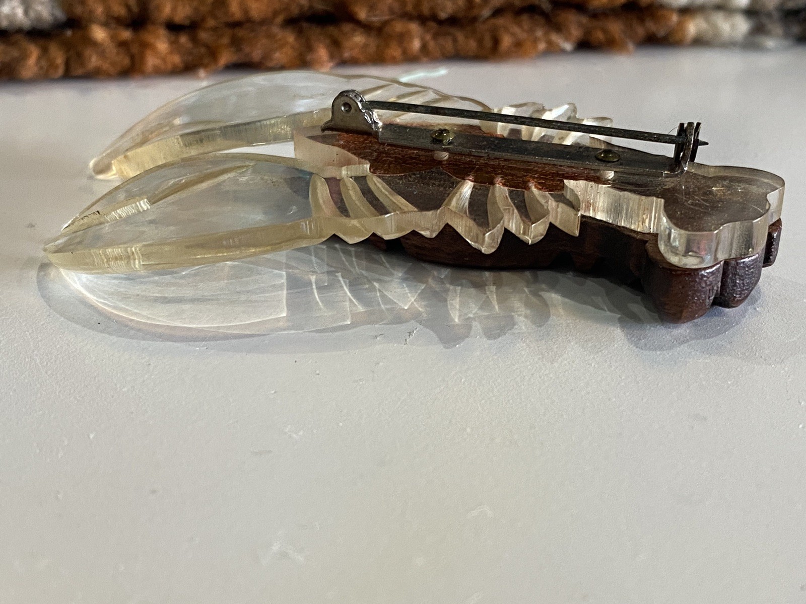 Vintage WWII Era Lucite Wood Lobster Figural Brooch Wartime Novelty Pin 1940s