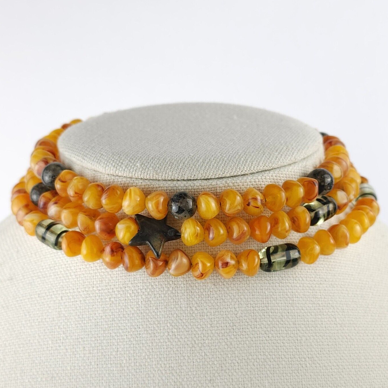 Vintage Amber Tone Memory Wire Choker Necklace Fluorescent Glass & Gemstones 56g