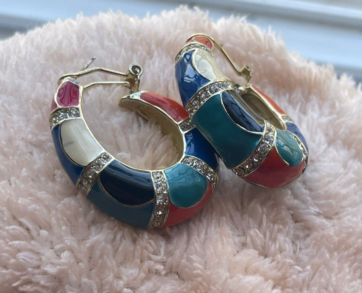 Chunky Multi Color Enamel Hoop Earrings Rhinestone Crystal Gold Tone