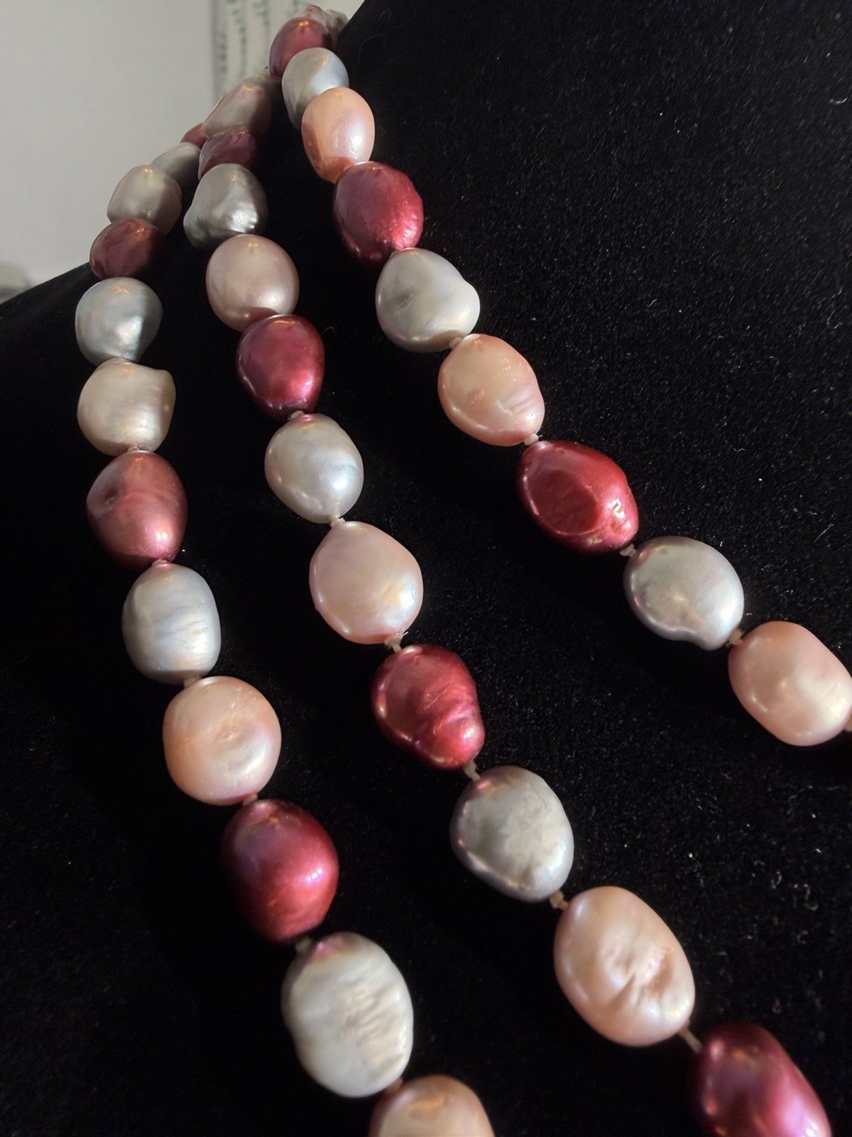 Baroque Freshwater Pearl Necklace Dyed Pink Burgundy Gray Knotted 48” Long