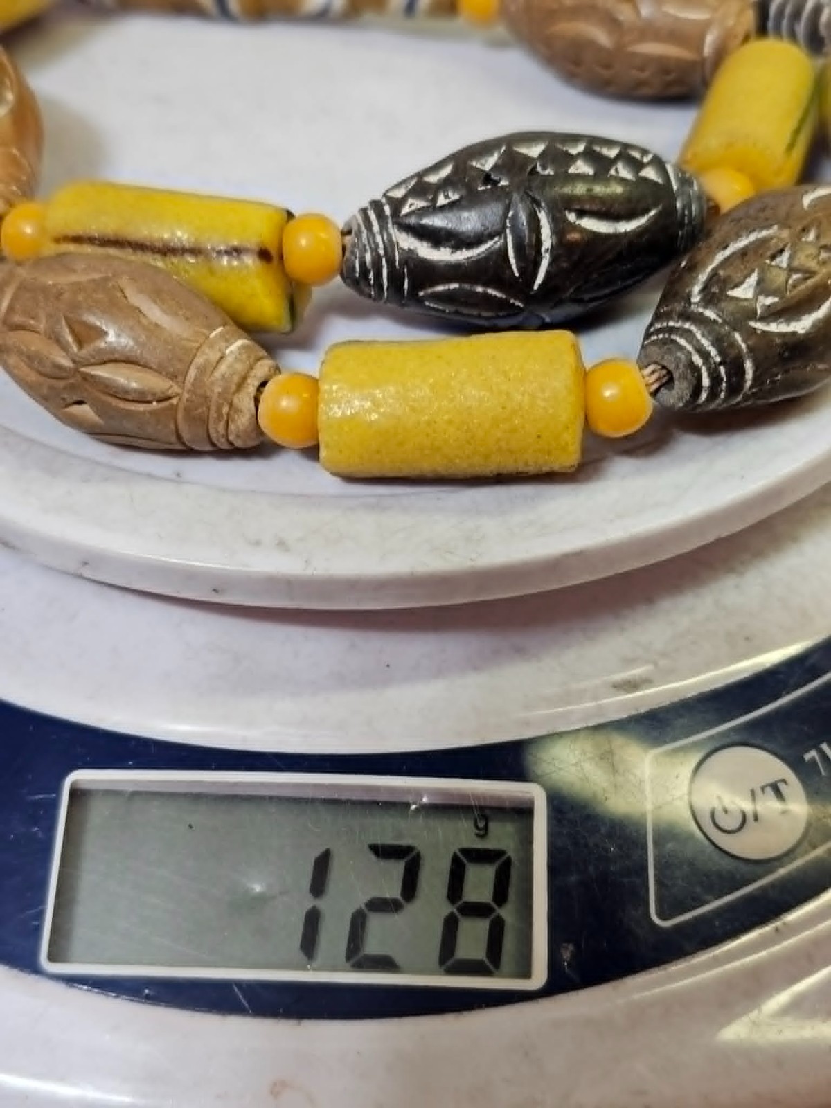 Tibetan Dzi/ African Trade? Necklace Large Yellow Glass Brown Ceramic Beads Boho