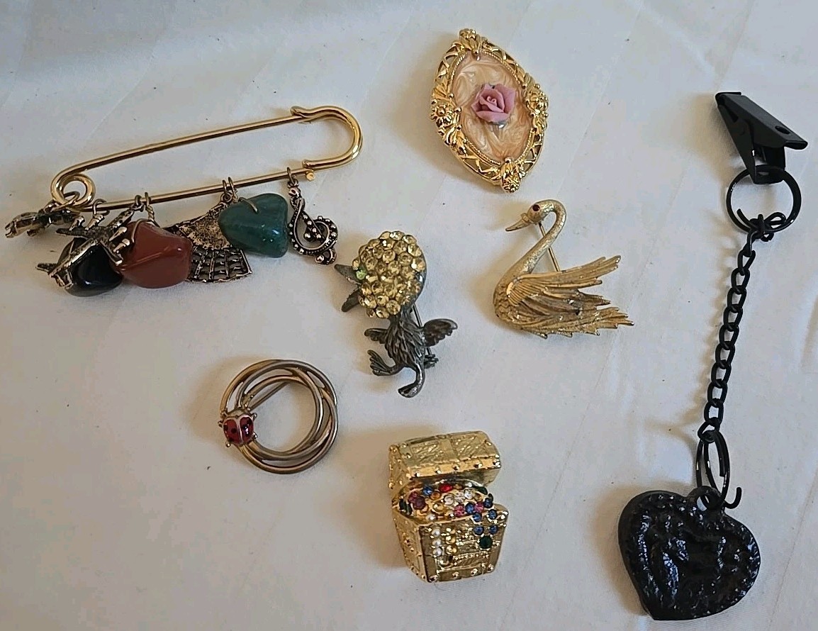 Vintage Brooches Lot And One Vintage Cast Iron Heart Clip
