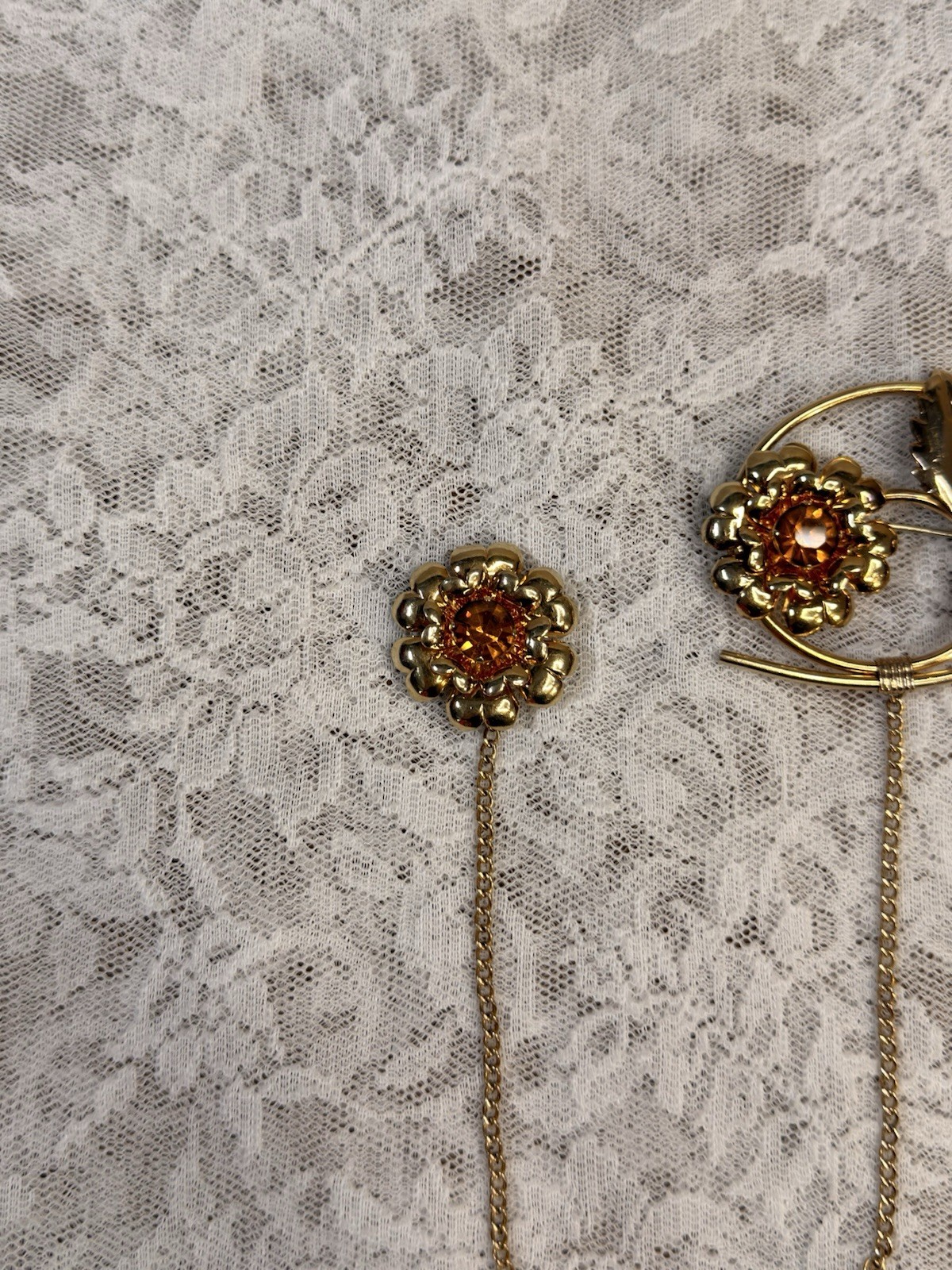 Vintage Linc 12k Gold Filled Double Flower W/ Orange Amber Stone Brooch Pin