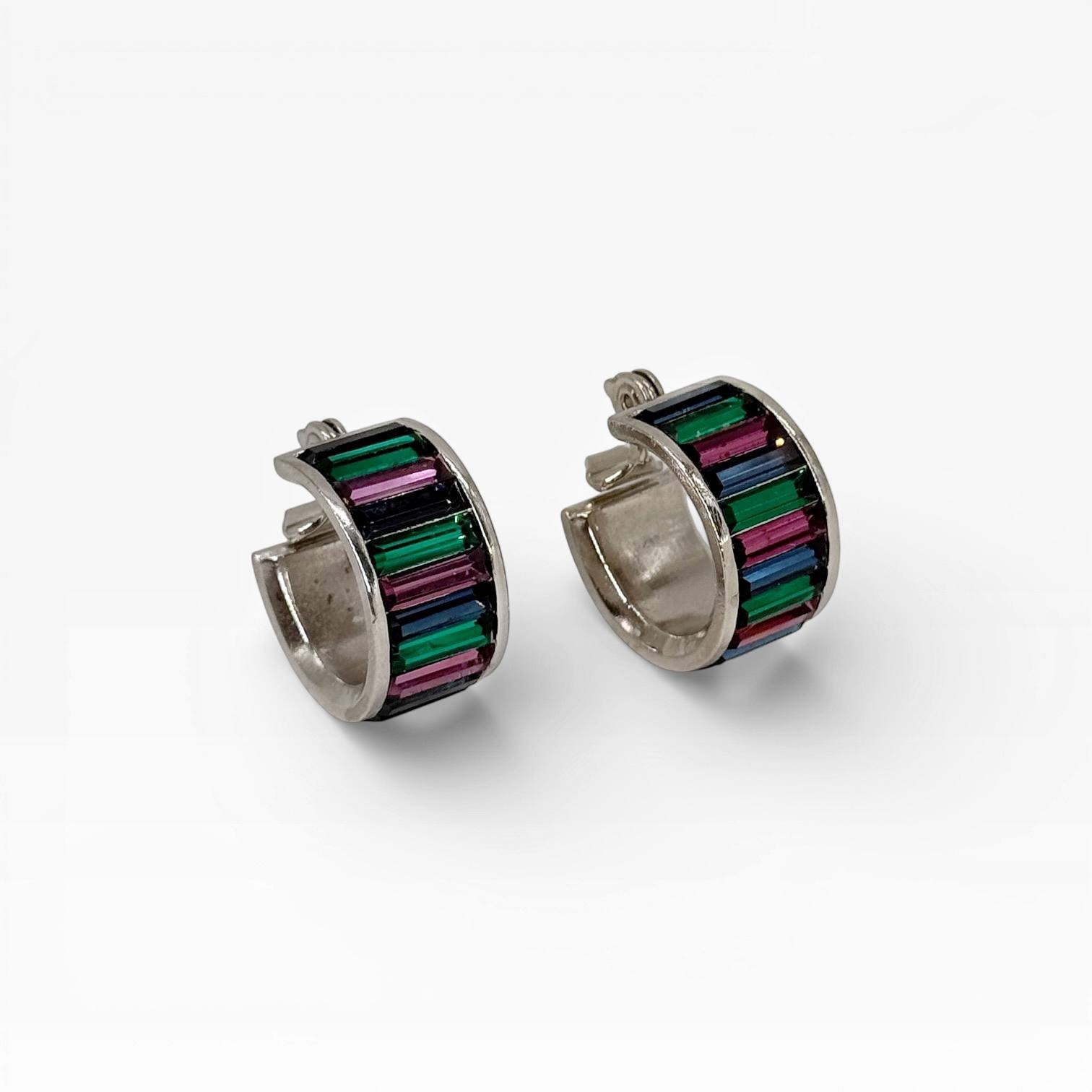 Vintage Yves Saint Laurent Crystal Hoop Clip Earrings France 1980s