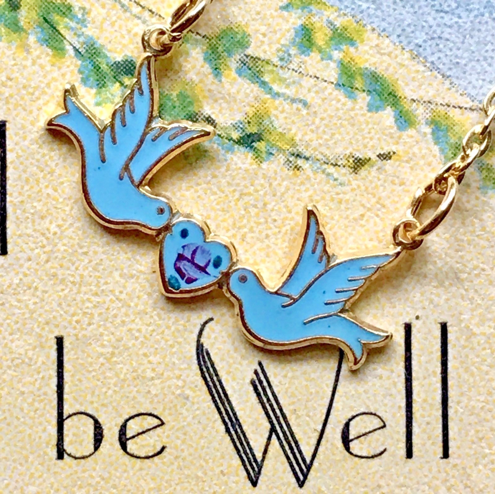 Sarah coventry Vintage Necklace Guilloche Blue Bird Enamel Rose Girl NOS #1181C