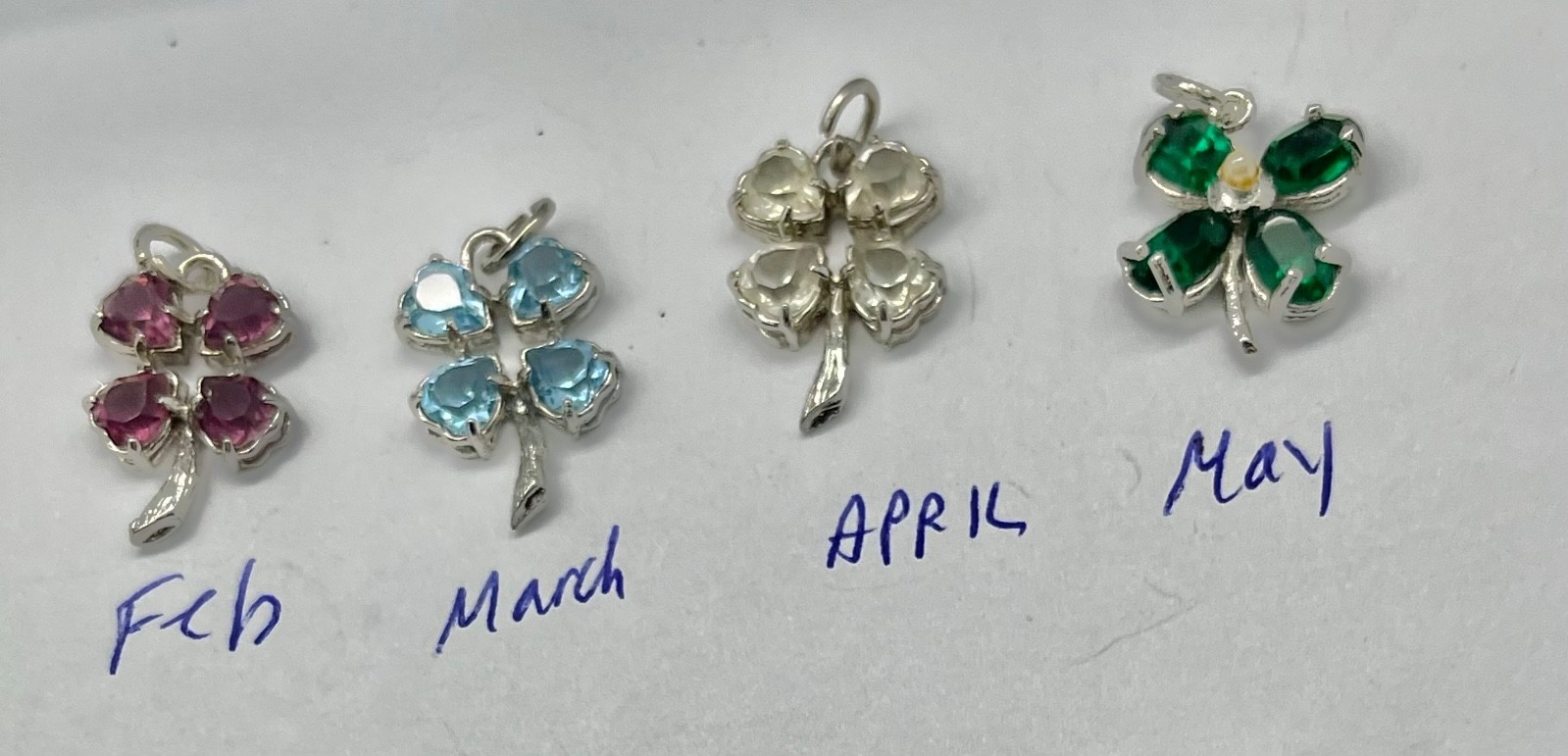 Vintage Mid Century Sterling Silver Rhinestone Birthday Clover Charms Pendants
