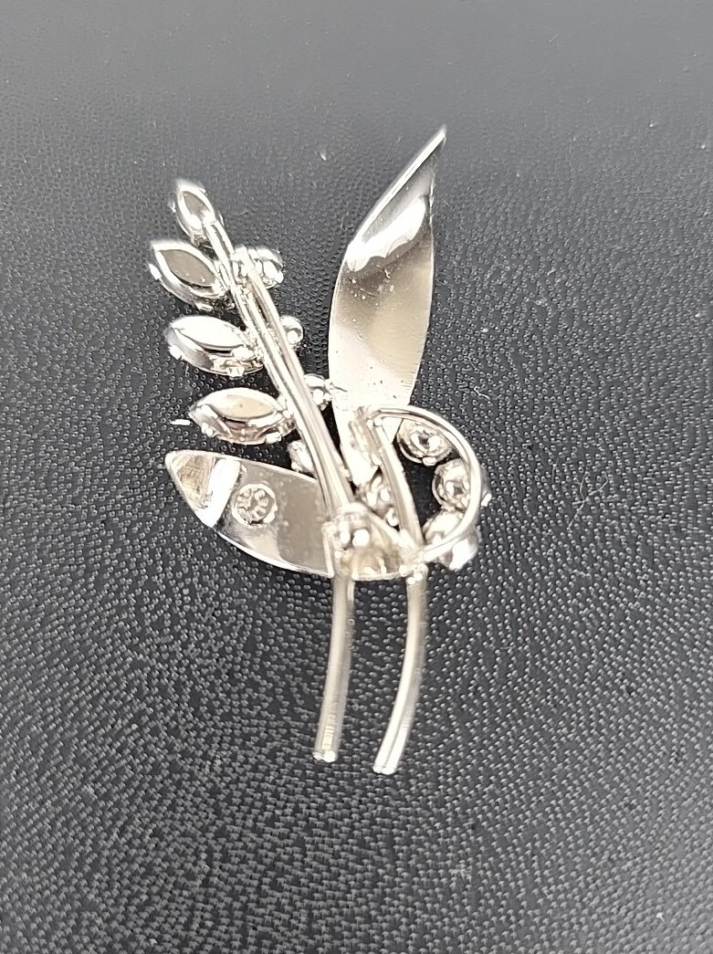 Vintage 925 Sterling Silver Clear Rhinestone Flowers Plant Brooch Pin #1