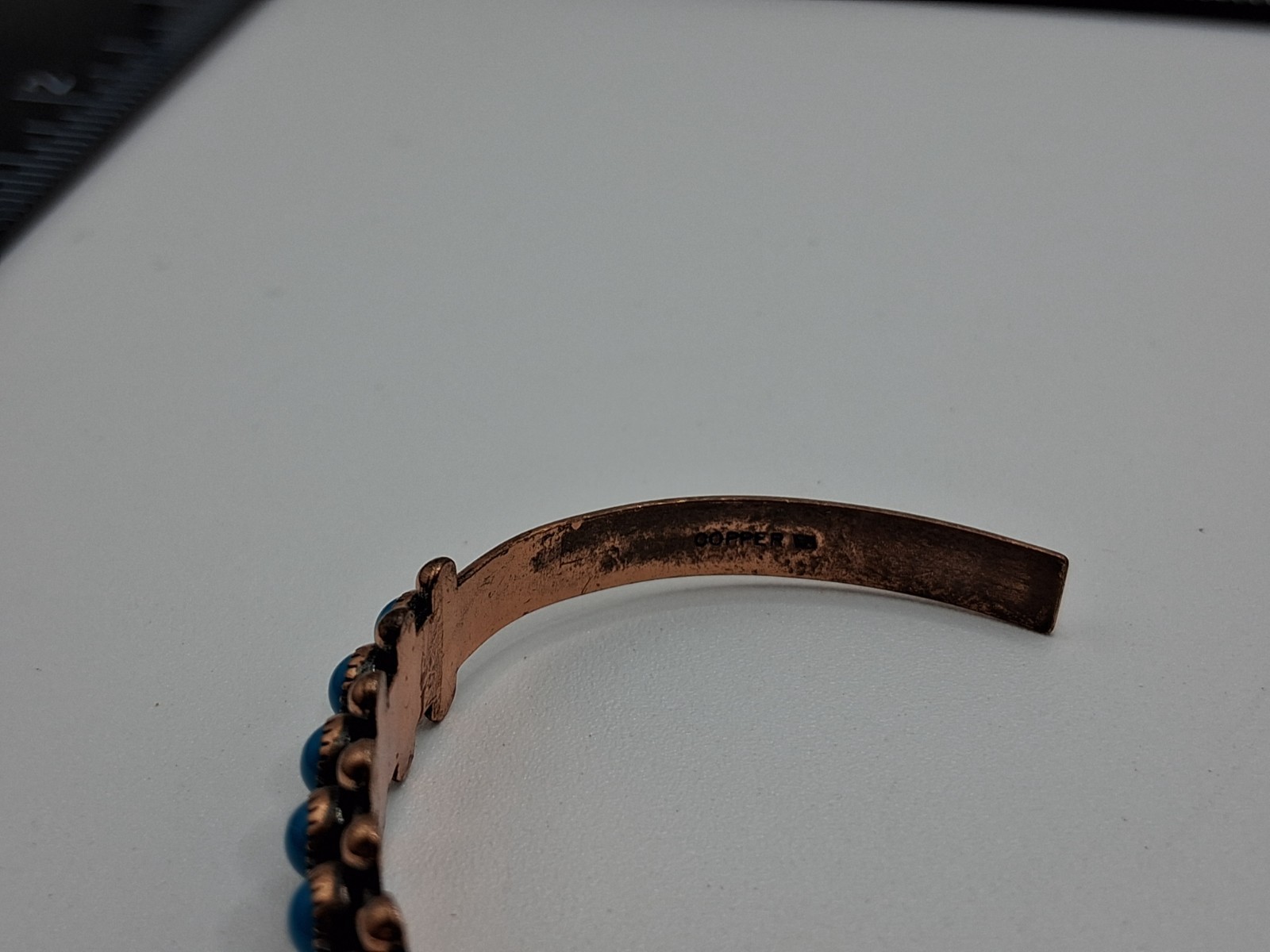 Vintage Wheeler Mfg. Copper Turquoise Cuff Bracelet 6 3/4″ 9.5mm Wide