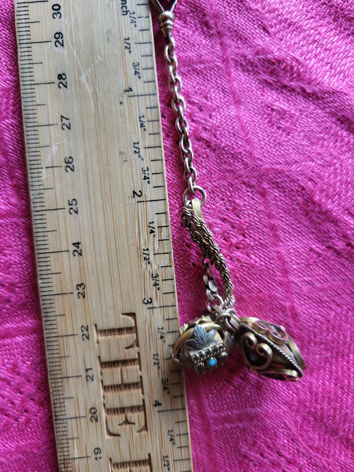 Antique Victorian Gold Filled Book Chain With Etruscan Charms OOAK