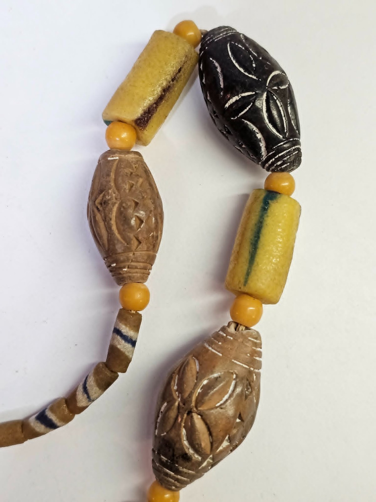 Tibetan Dzi/ African Trade? Necklace Large Yellow Glass Brown Ceramic Beads Boho