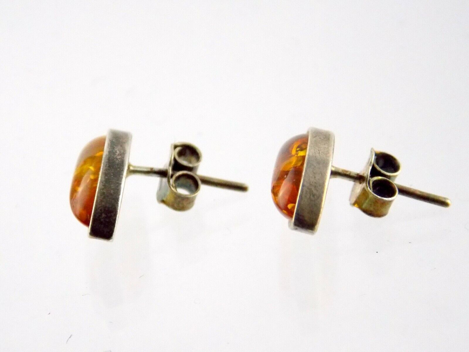 Sterling Silver Orange Amber Cabochon Stud Earrings .5 Inch Length 2.5g