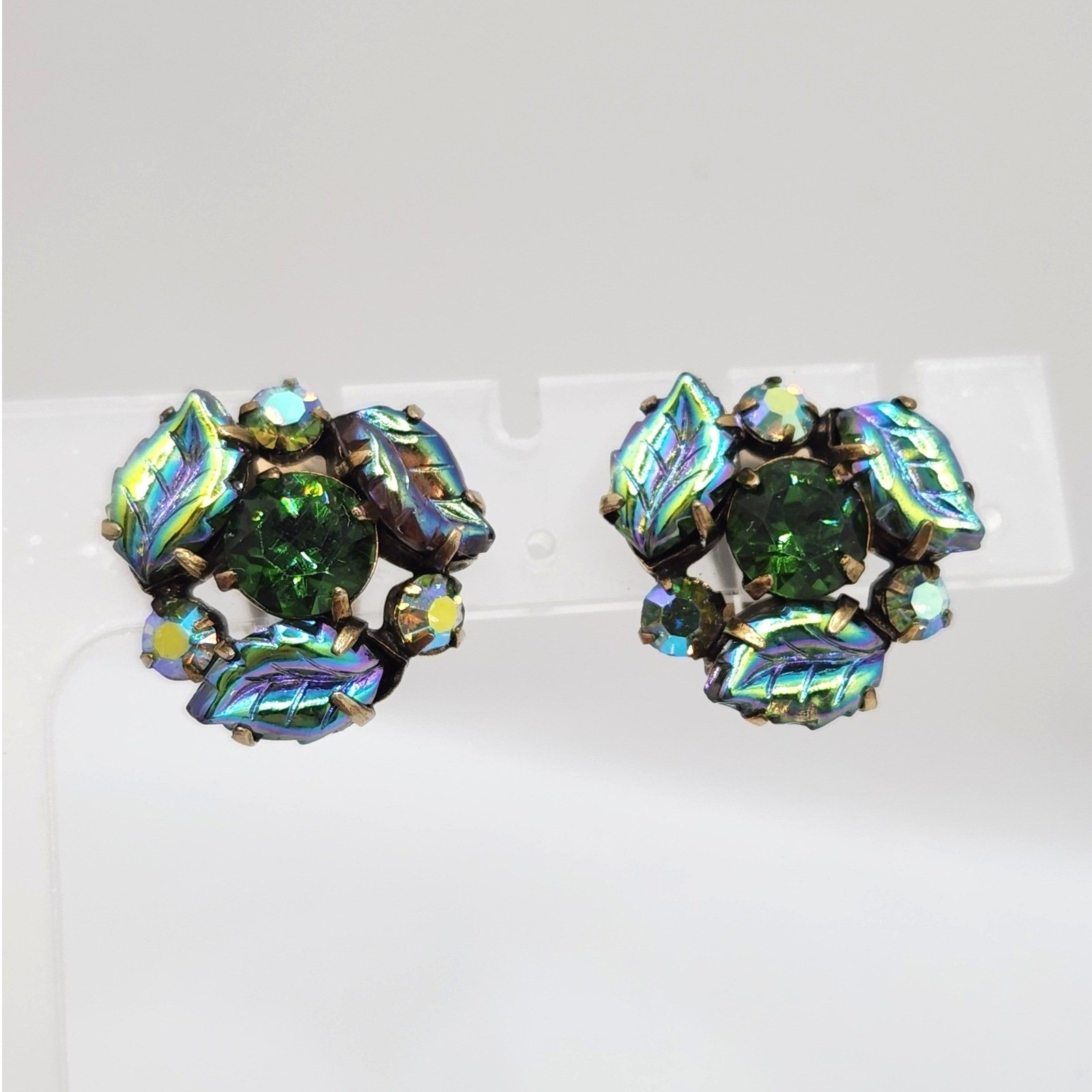 Vintage Regency Unsigned Green Rhinestone AB Molded Glass Leaf Clip On Earrings