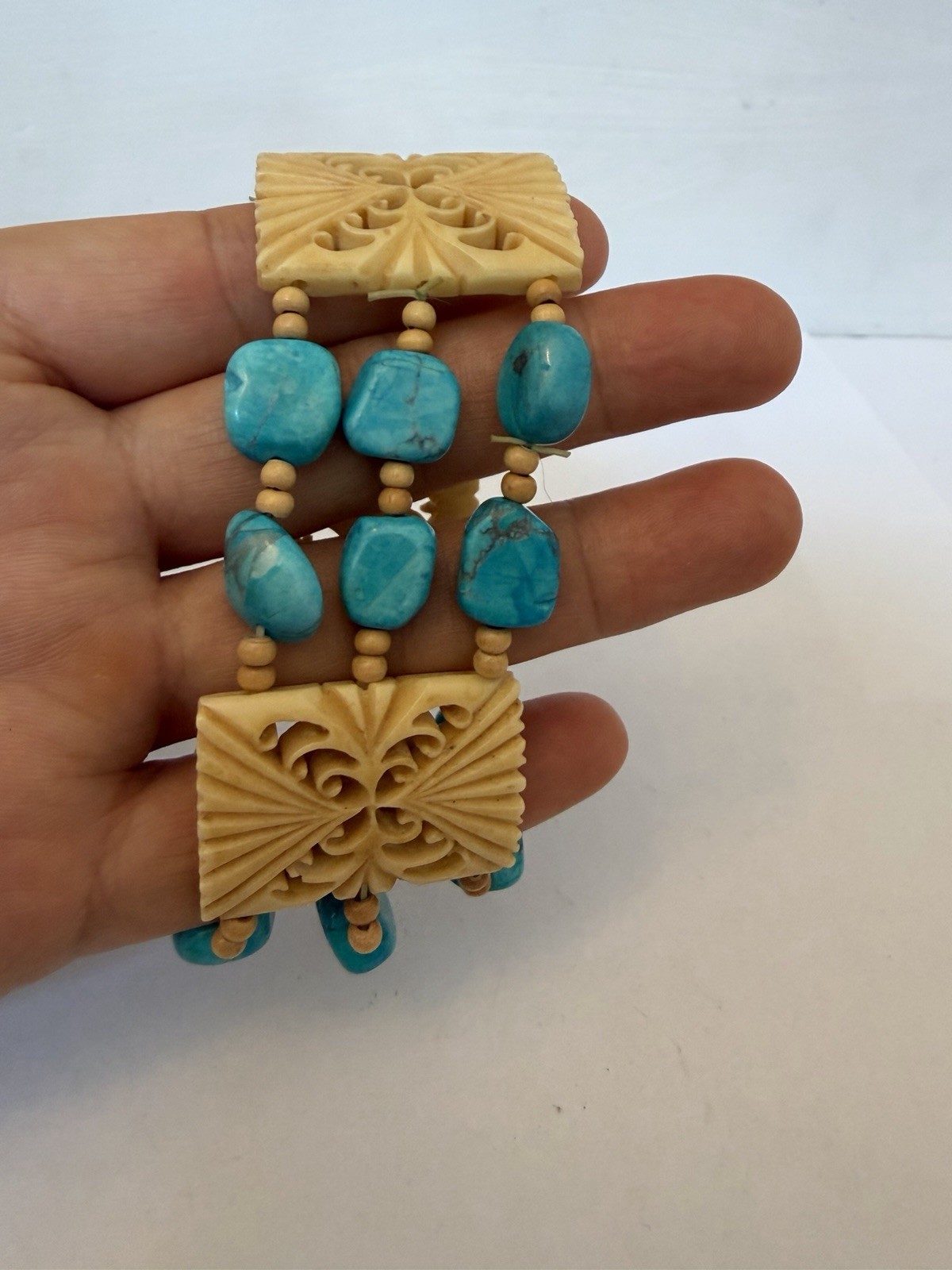 Blue Turquoise Stretchy Double Bracelet No Metal Carved Flower Resin Bead B11