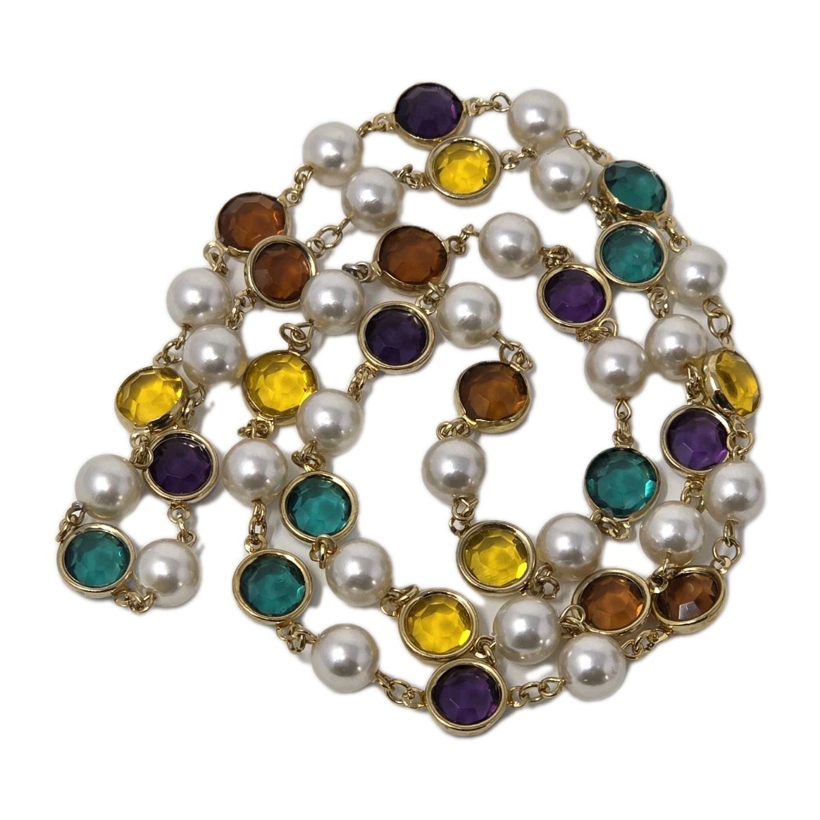Faux Pearl & Multicolor Bezel Set Acrylic Crystal Necklace 35 Inches Vintage