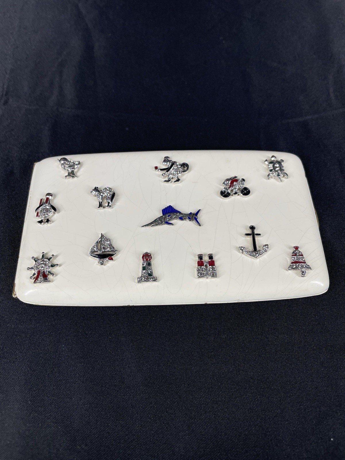 Art Deco Lg Compact Walter Lampl Trifari Applied Charms Swordfish Cat Turtle Etc