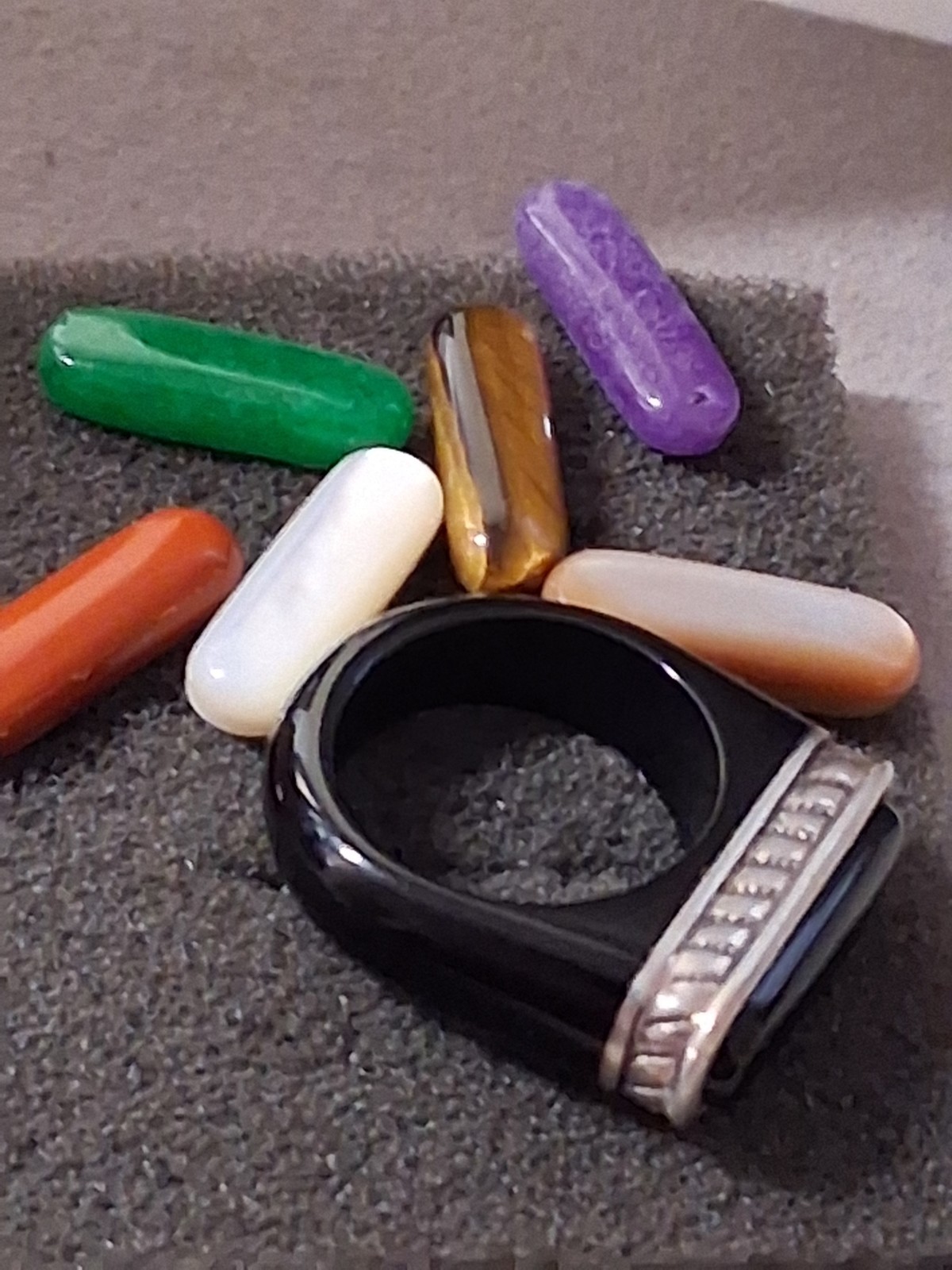 Sterling silver & onyx ring with interchangeable gemstones. SZ 6.75