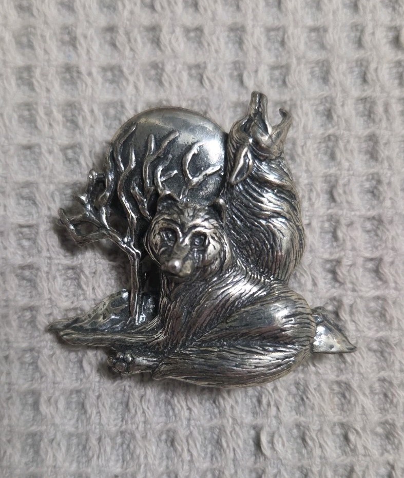 Signed SC Vintage Sterling Silver Wolves Howling At The Moon Brooch