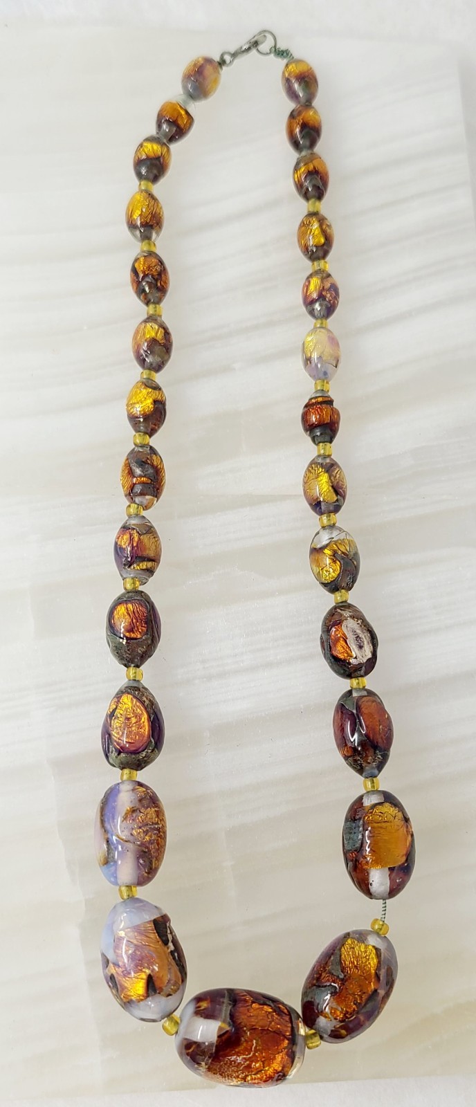 Antique Venetian Opalescent Gold Foil Oval Beaded Graduated Necklace