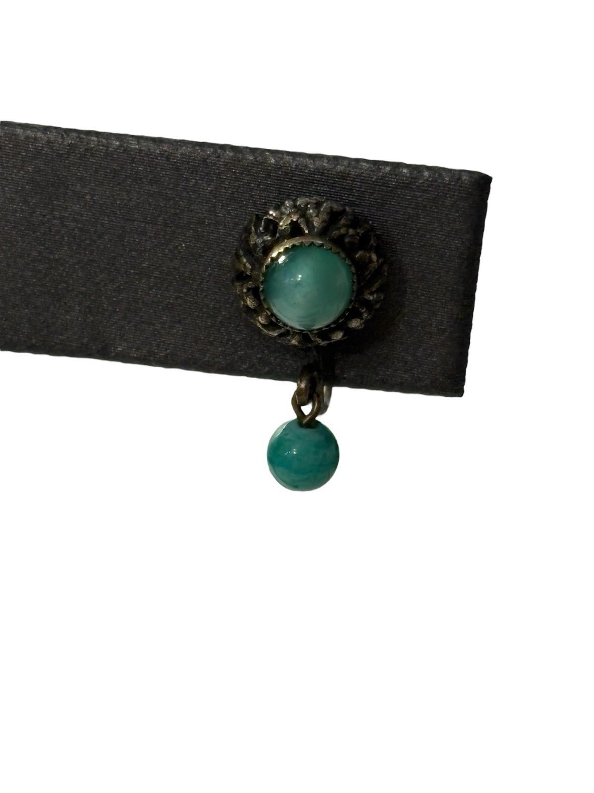 Vintage Marbled Teal Earrings Brass Tone Beaded Plastic Screw Back Dangle MCM