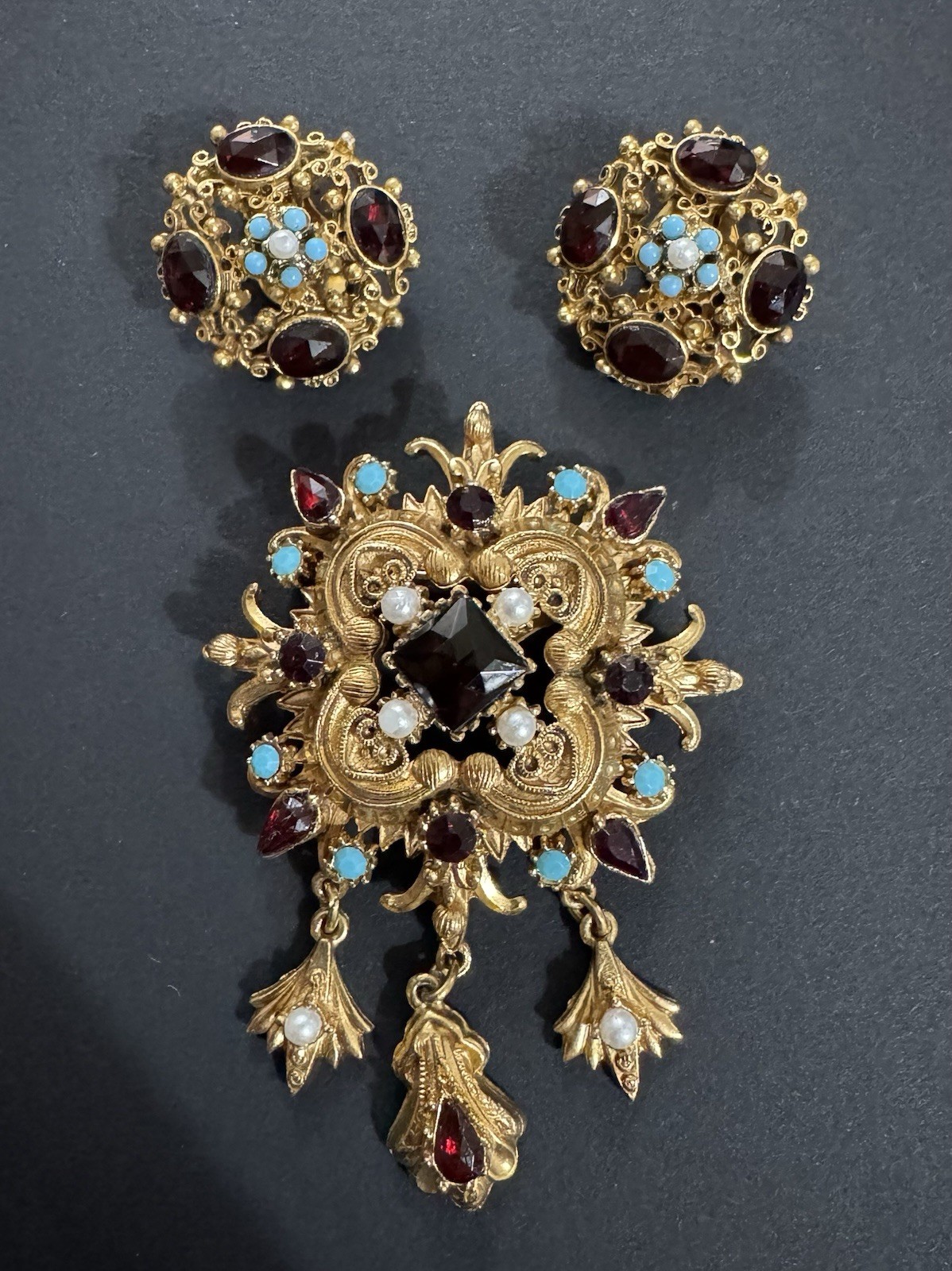 Vintage FLORENZA Signed Brooch Earrings Set Renaissance Revival Demi Parure