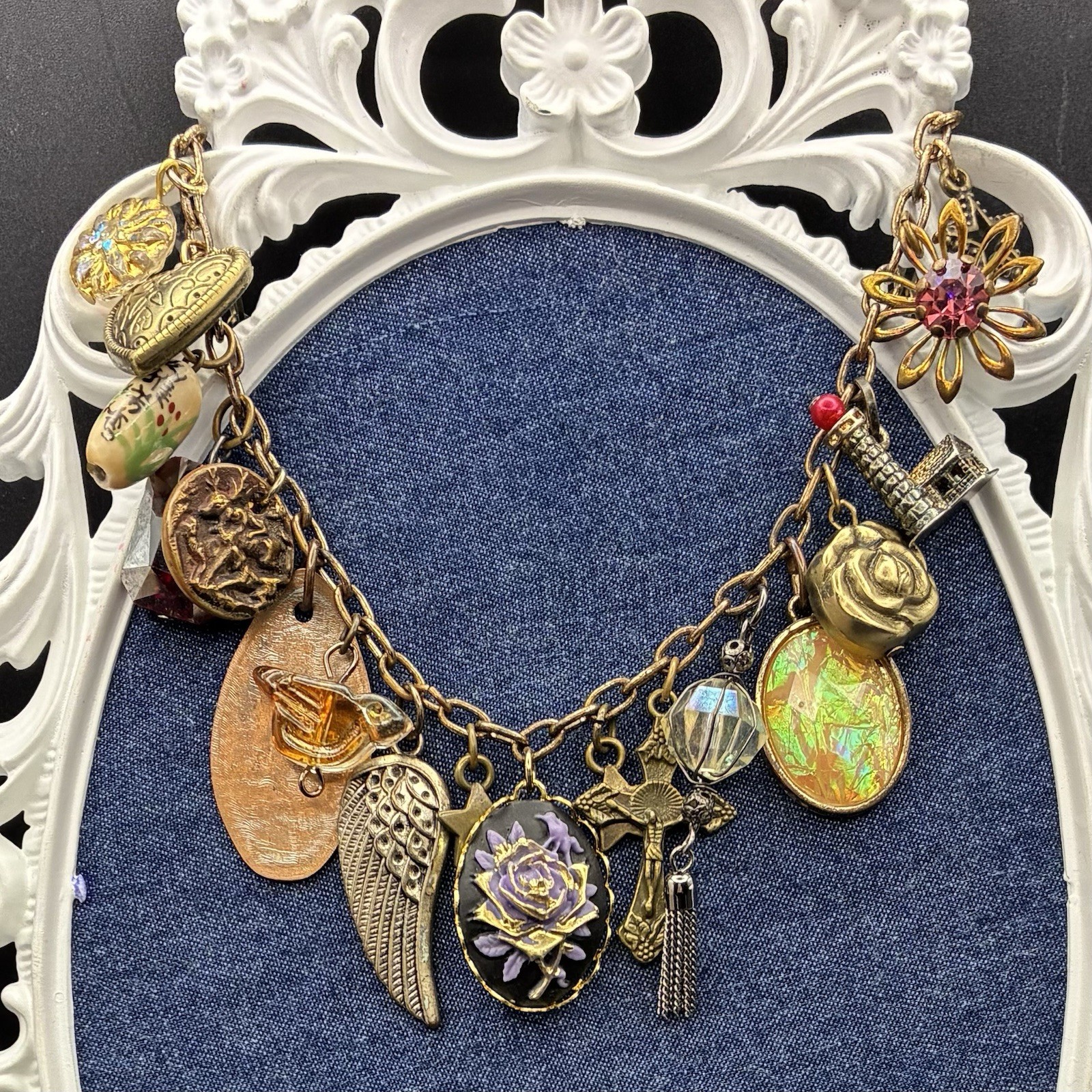 Vintage Brassy-Bronzy Chain Necklace of Mixed Metals: Heart, Bird, Deer, Angel +