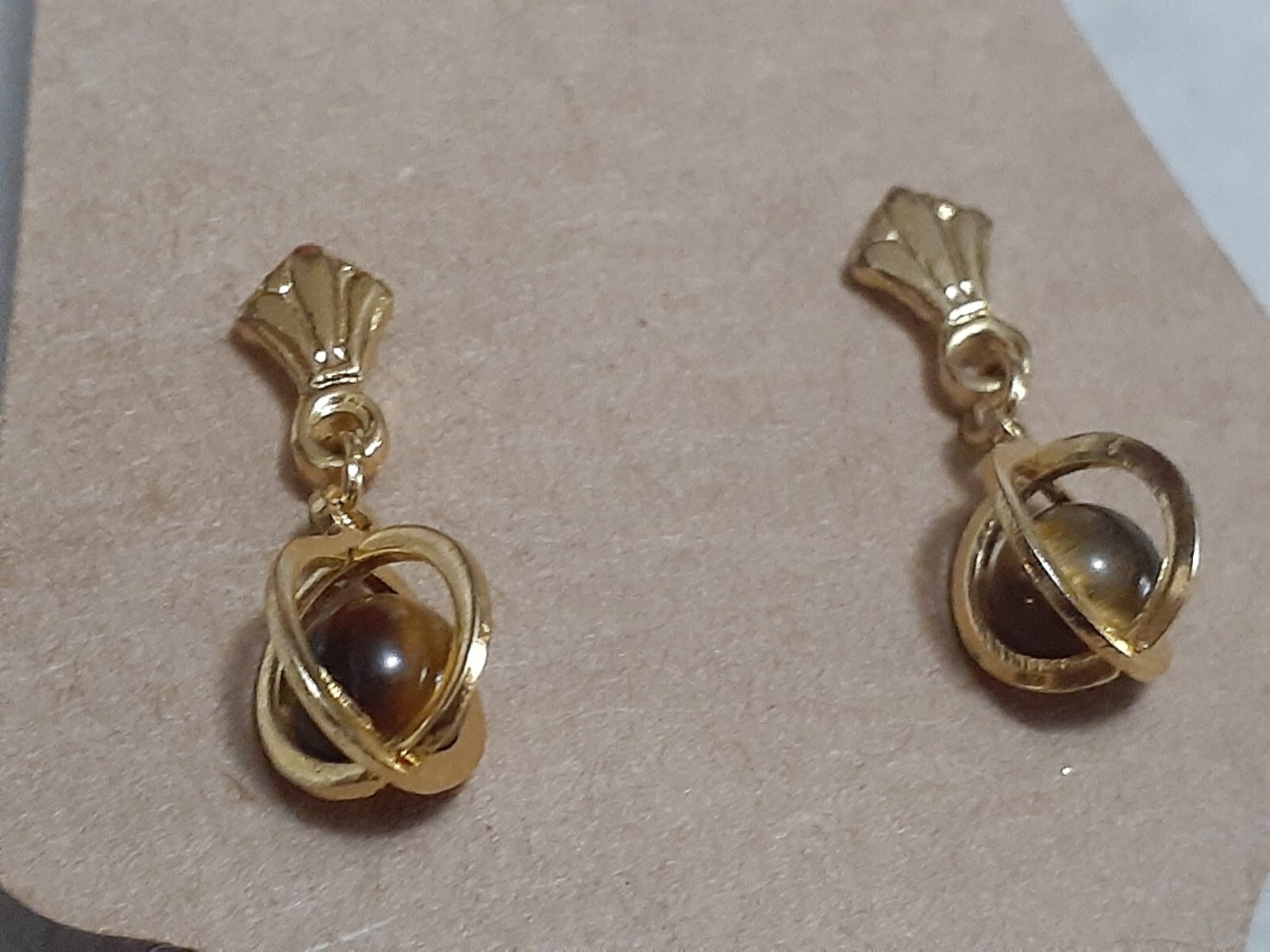 Dainty Tiger’s eye gemstone caged gold tone dangle drop earrings