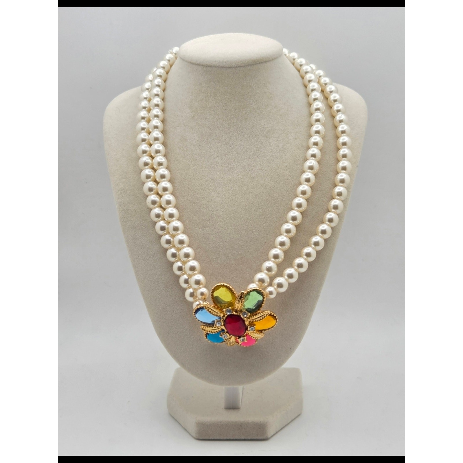 Vintage Style Multi-Color Cabochon Flower & Faux Pearl Double Strand Necklace –