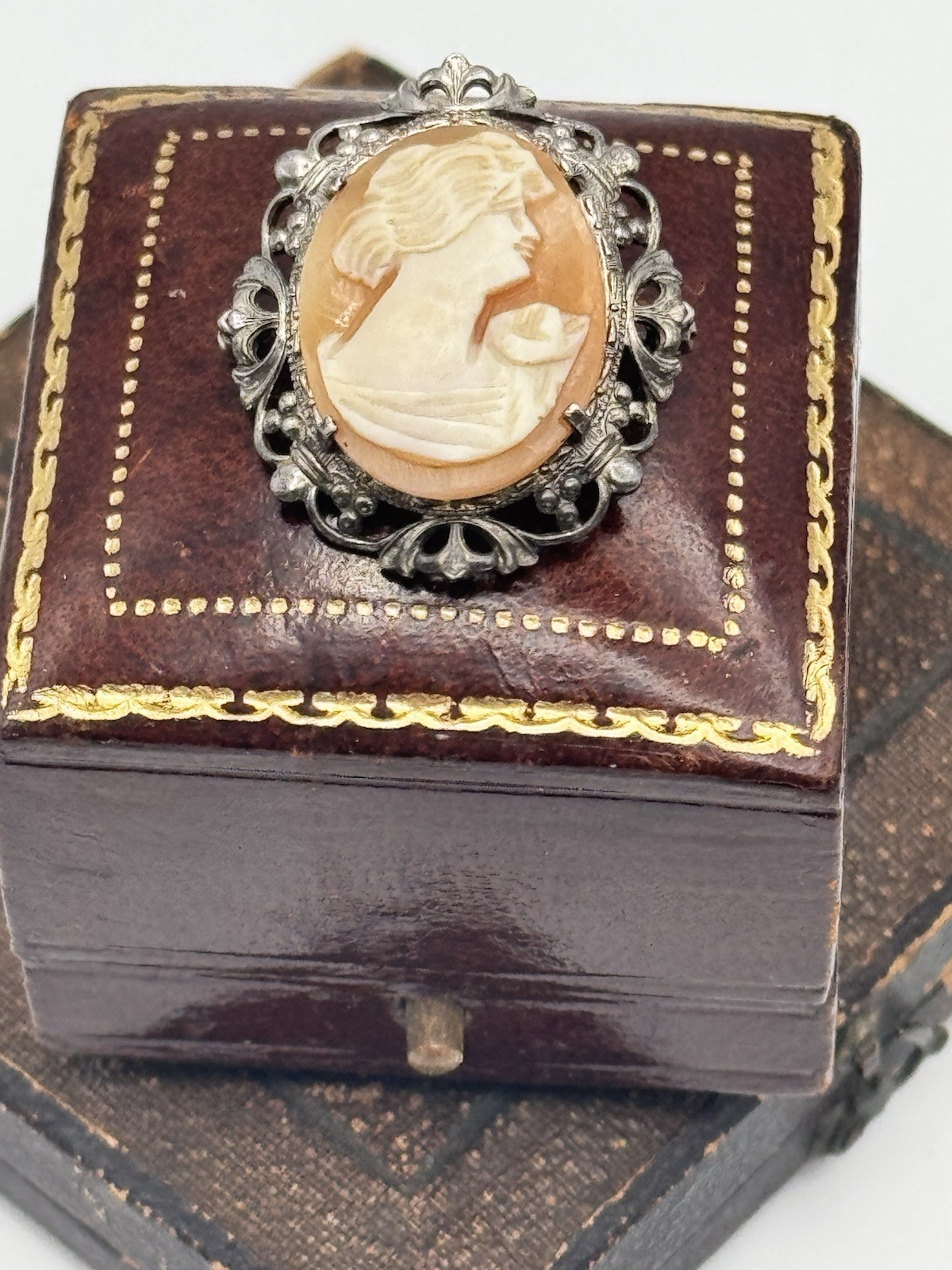 Vintage Cameo Brooch Sterling Shell Filigree Portrait Pin Victorian Style 1 Inch