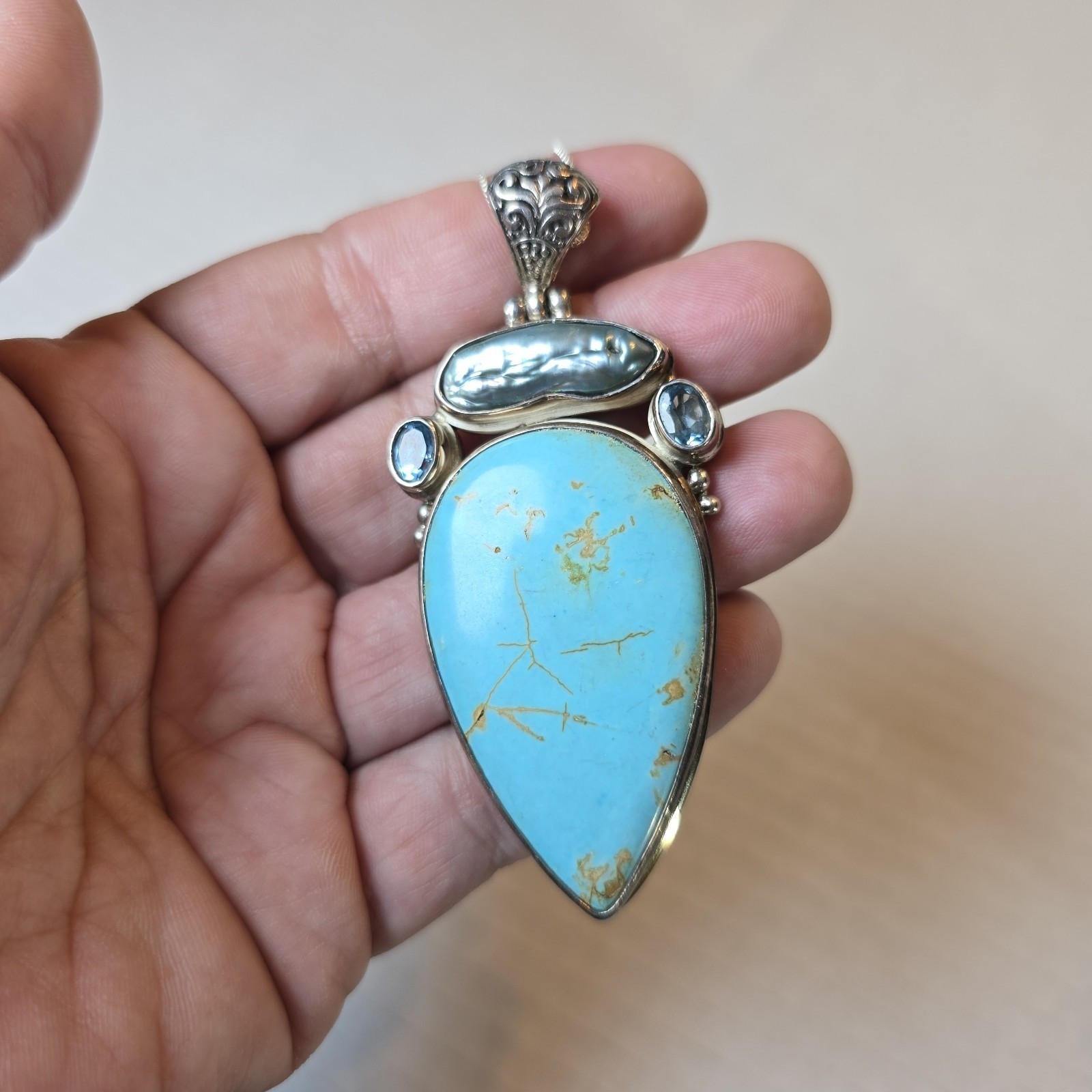 Vintage 925 Sterling Silver Pendant Signed AF Design Turquoise, Blister Pearl