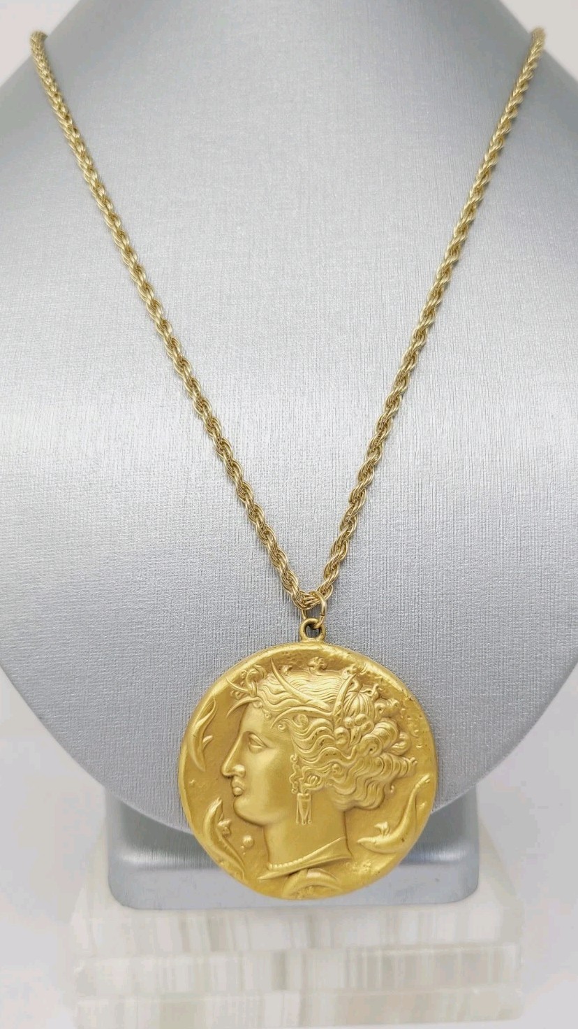 Vintage Bronze Reproduction Greek Coin Medallion Pendant Sterling Necklace