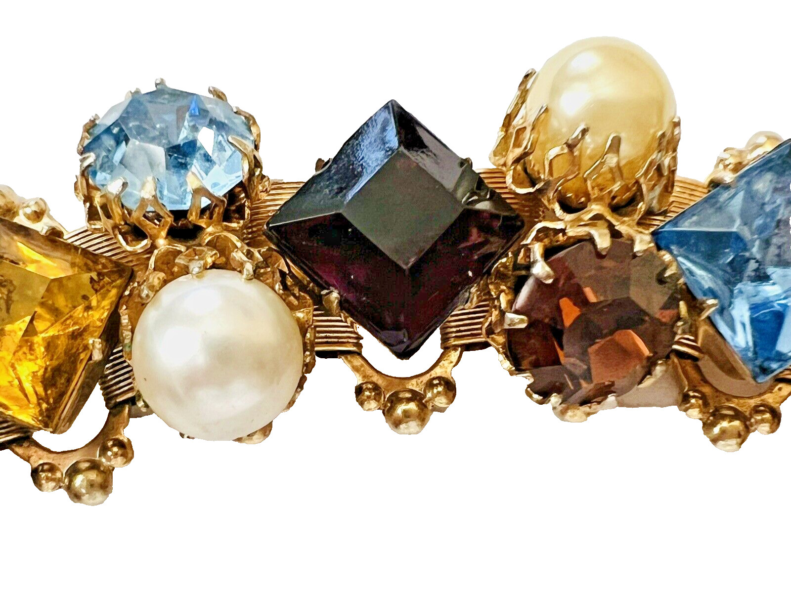 Victorian Revival Gold Tone Multicolored Rhinestone & Pearl Book Chain Bracelet
