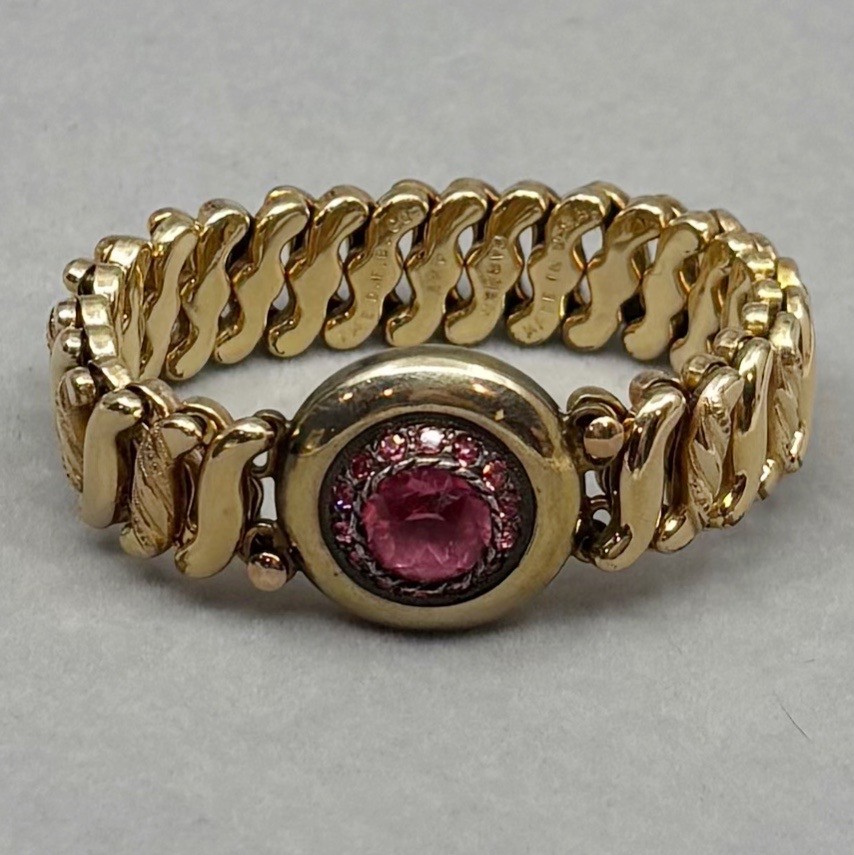 Carmen Gold Filled Sweetheart Bracelet Pink Rhinestones Retro DFB Co USA