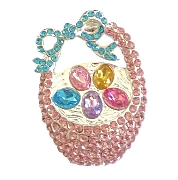 ADORABLE PINK EASTER EGG BASKET BROOCH! Cute Spring, Easter Fun. Silver Tone.