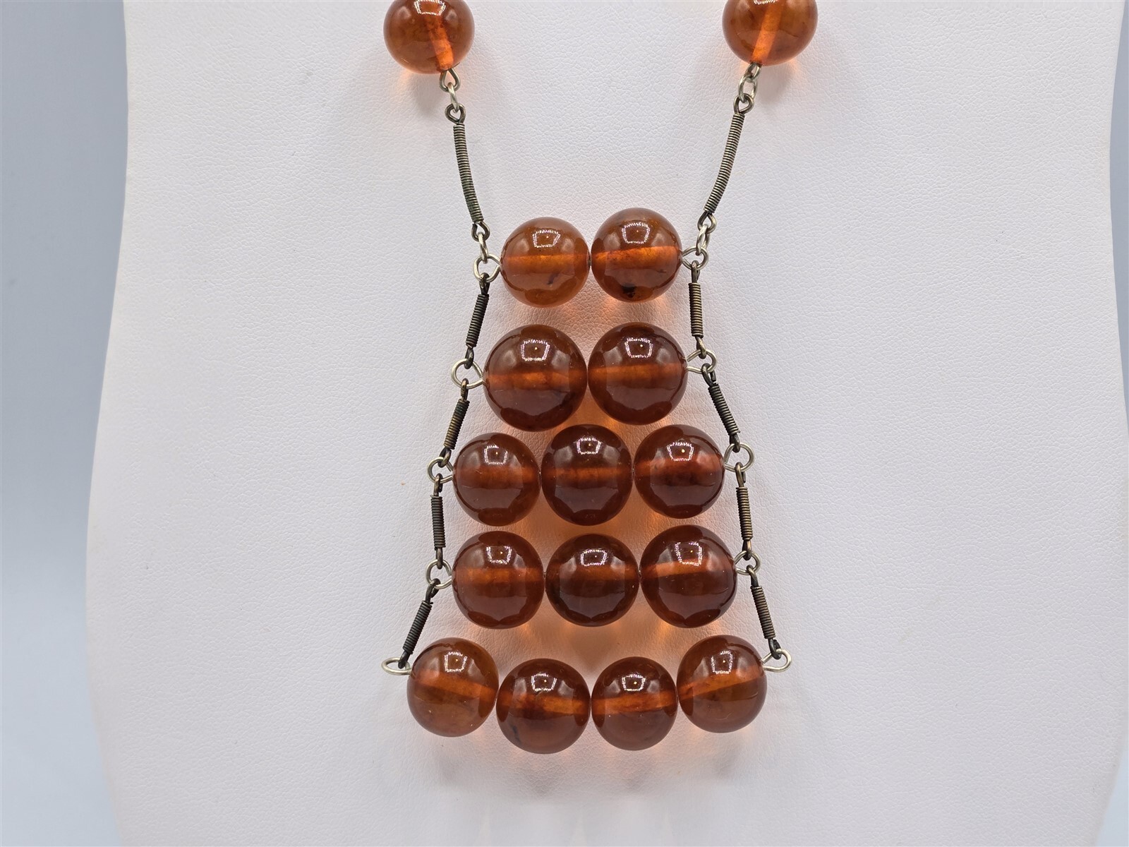 Amber Bead Modernist Necklace Silver Tone & 14 mm 30″