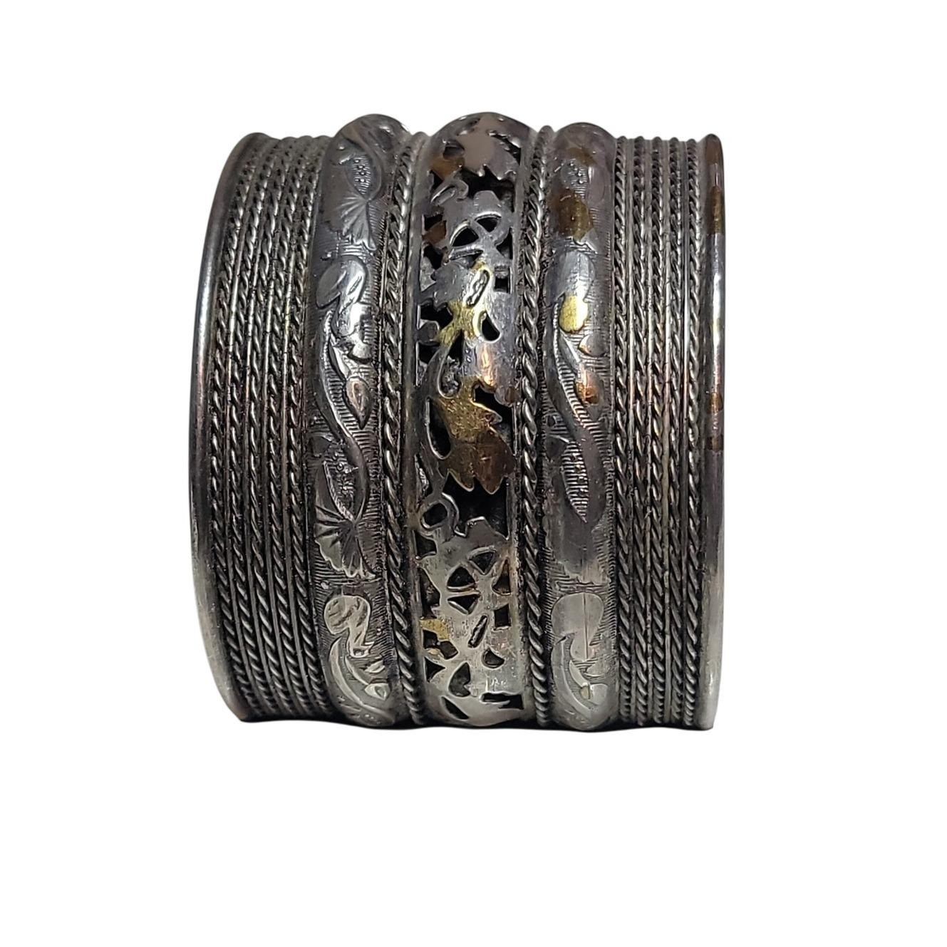 Vintage Silver Tone Wide Cuff Bracelet Openwork Floral Etched Mesh Statement