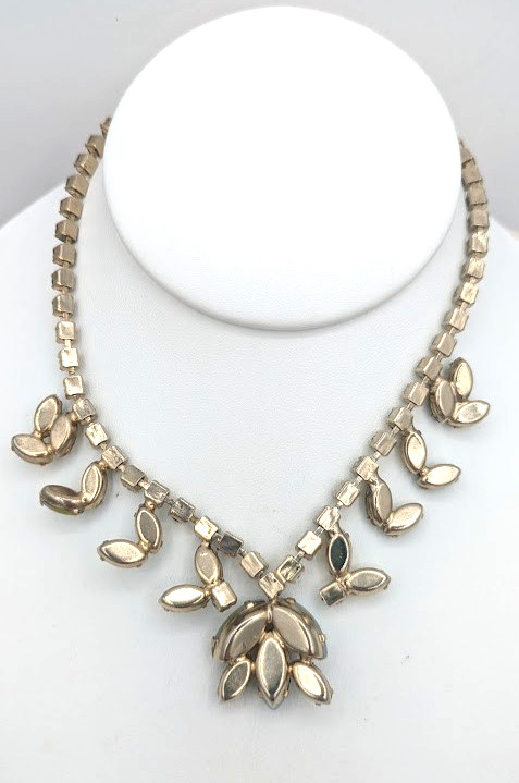 Vintage Givre Glass Necklace Rhinestone Blue Green Opalescent Prong Set