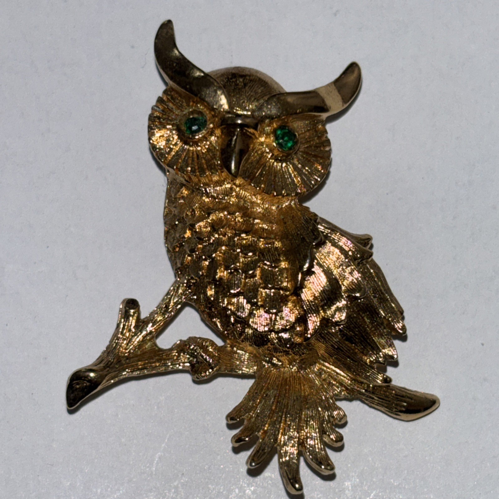 Vintage MONET Owl Brooch Pin with Green Rhinestone Eyes Gold Tone Setting