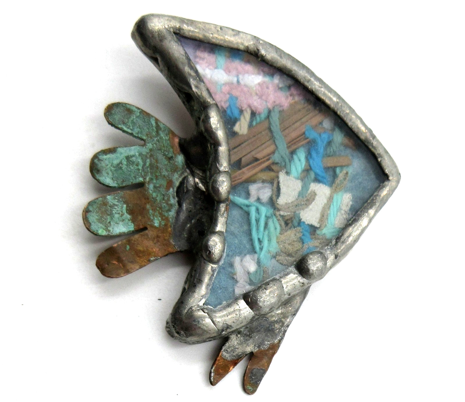 VTG BIG UNUSUAL WELDED FISH Brooch Pin Silver tone blue green shades mauve brown