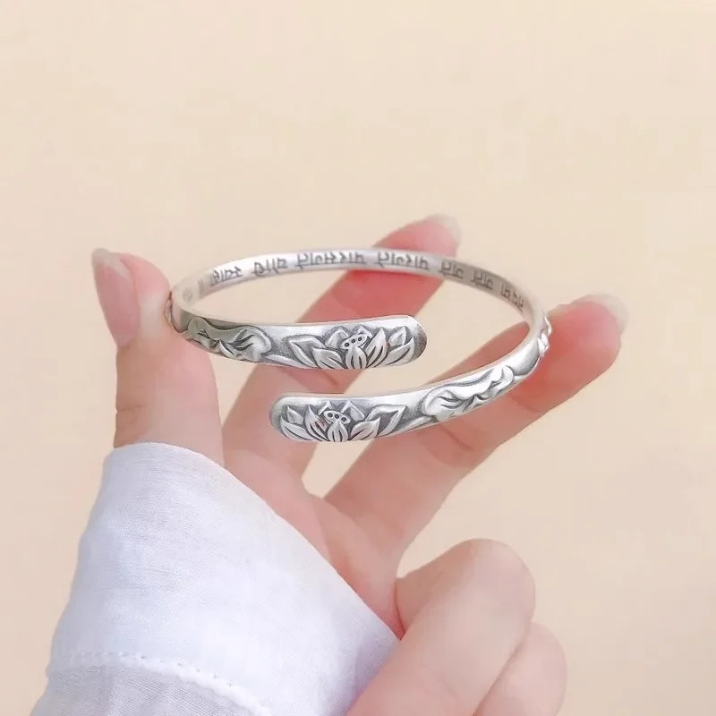 Vintage 925 Silver Lotus Flower Cuff Bracelet Adjustable Bangle for Women