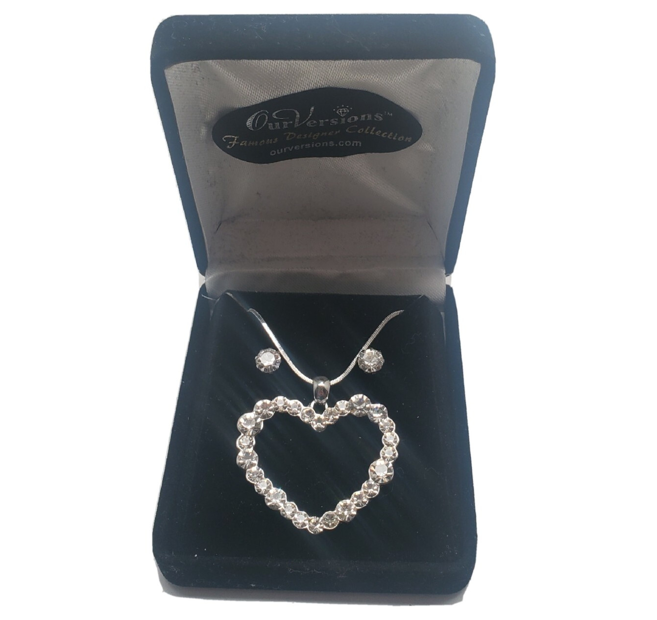 Vtg Silver Australian Crystal Heart Pendant 16″ Necklace Earring Gift Box Set
