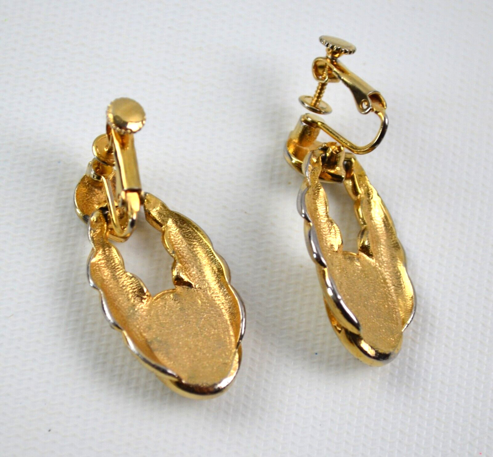 Vtg Gold Tone Clip On Twist Earrings w/ Faux Pearl Dangle Door Knocker 1.75″