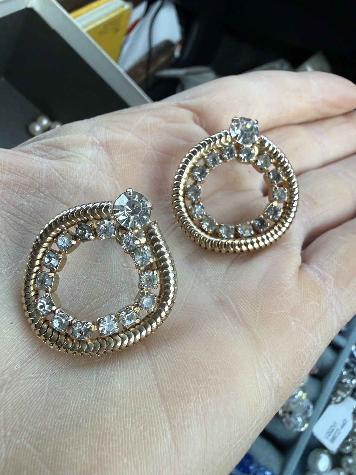 Vintage Coro Signed Rhinestone Hoop Earrings | Gold Tone Screw Back