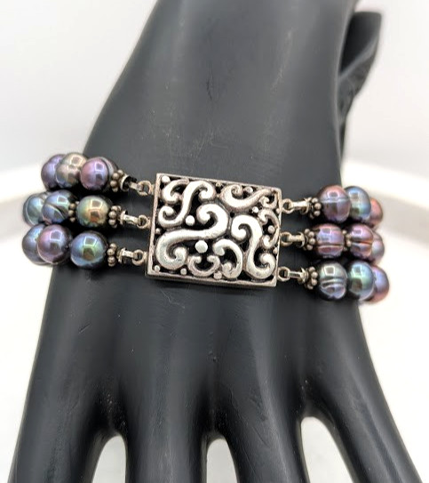 Vintage Peacock Pearl Bracelet Sterling Silver 925 3 Strand Freshwater Pearl
