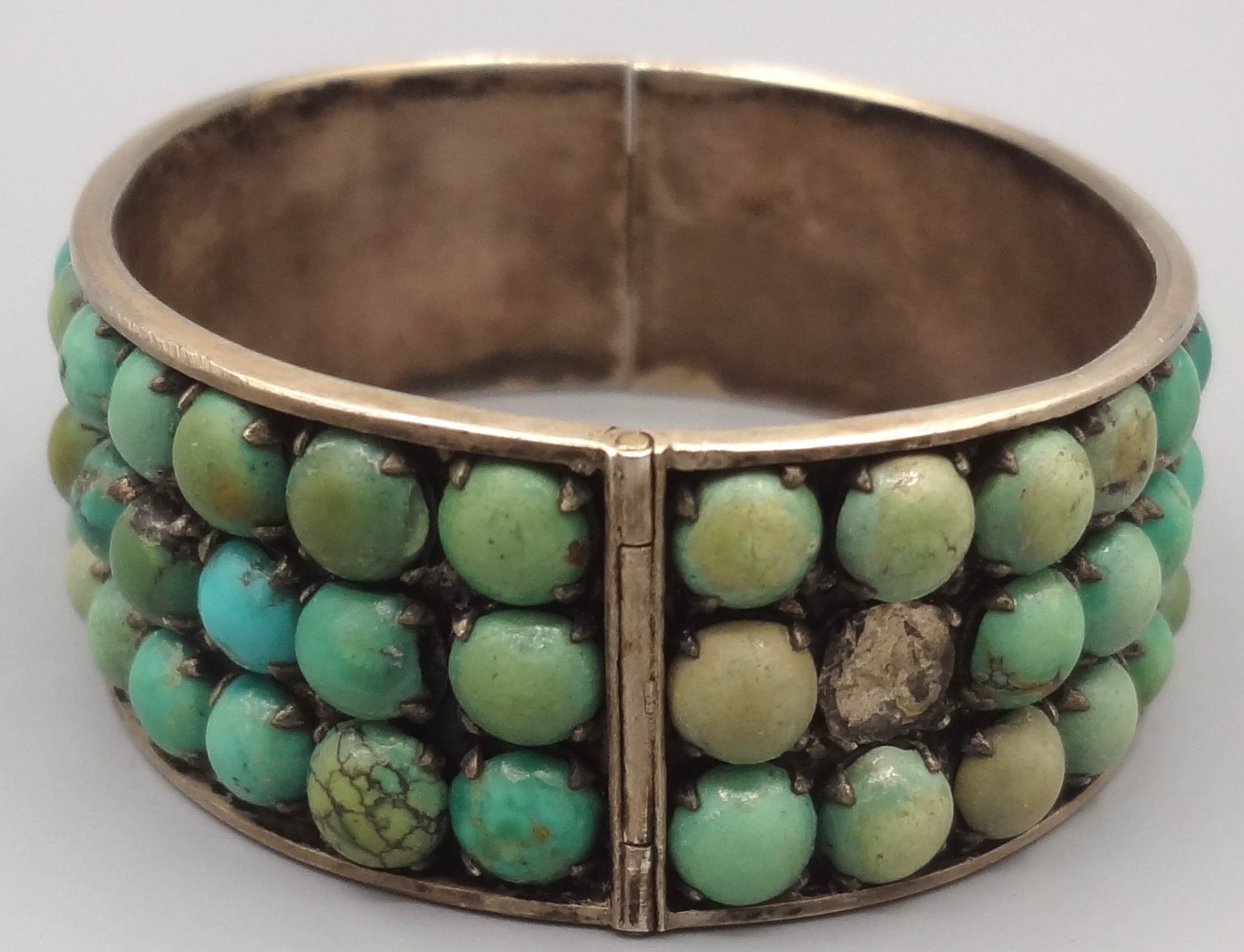 Antique BEE CHINA SILVER Chinese Export 3 Row Turquoise Cuff Bracelet READ