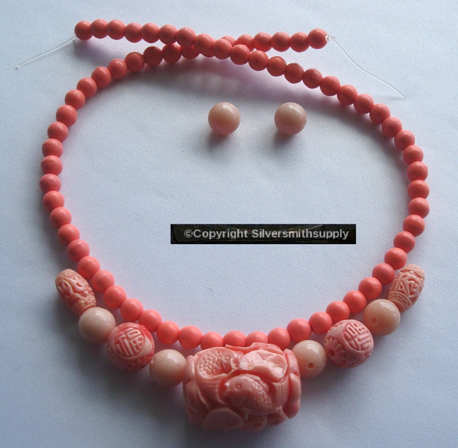 5 Carved Angel Skin Faux Coral Beads Huge 30x22mm Center 68pcs 6mm 16″ KIT012