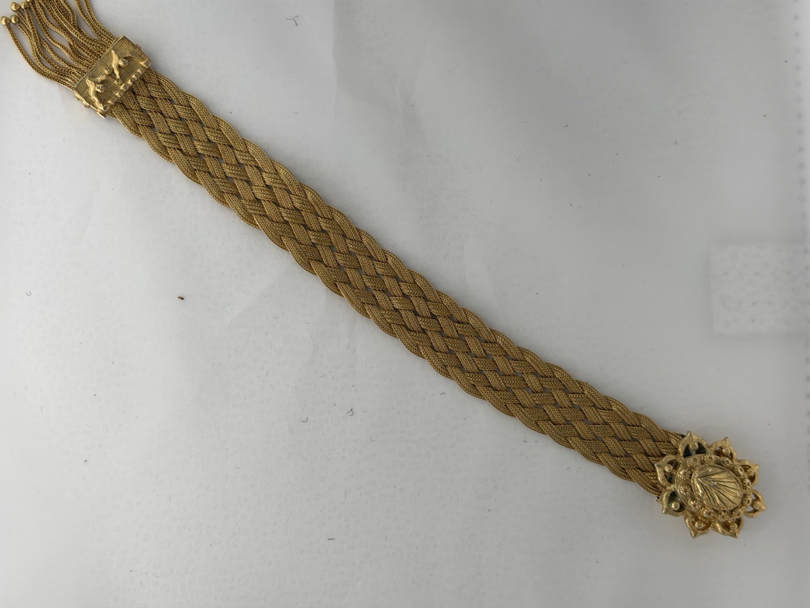 Victorian Antique Gold Filled Woven Mesh Slide Bracelet Tassel Fringe C.1900
