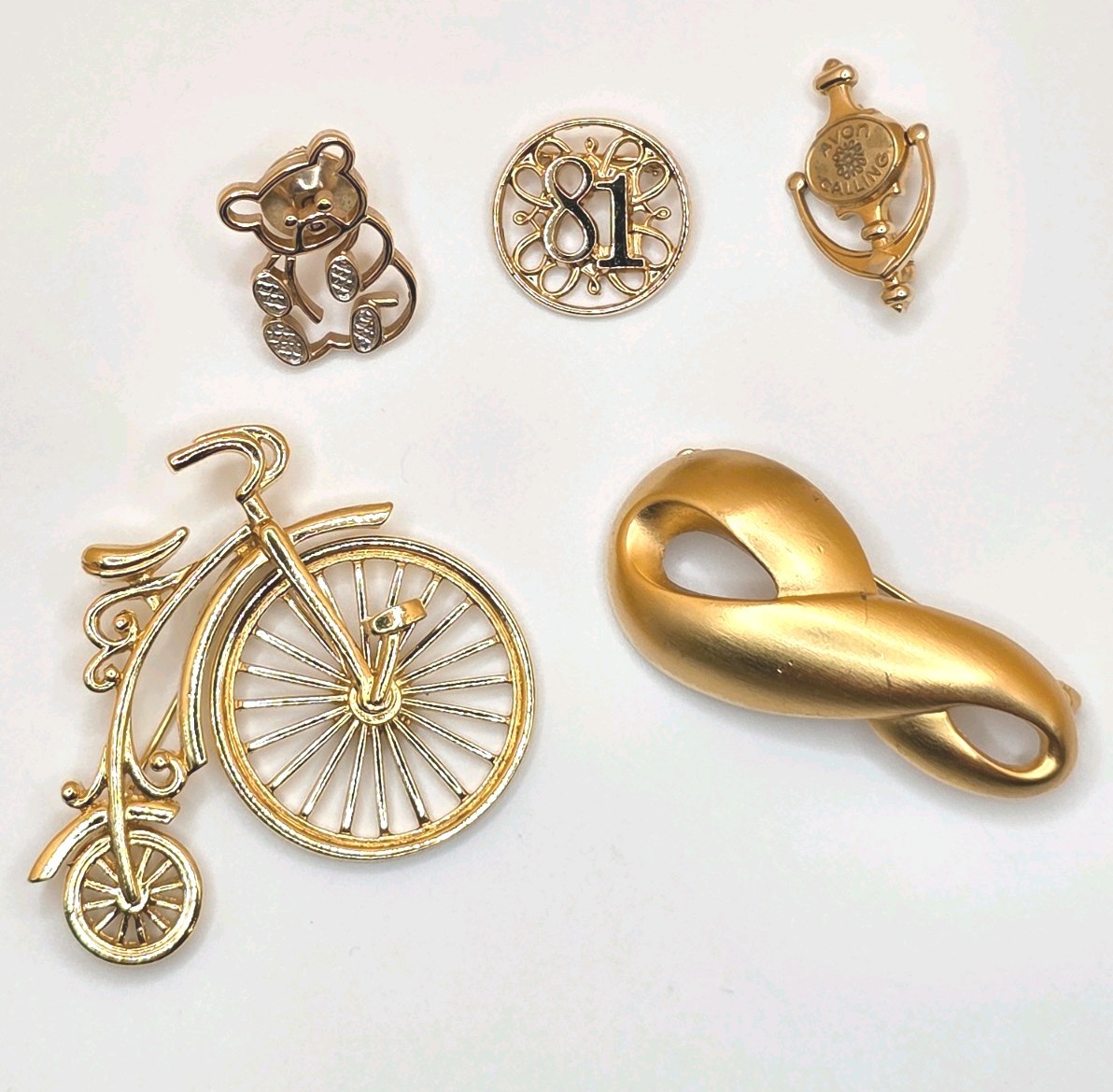 Vintage Avon Gold Tone Pin/Brooch Lot Bicycle, Bear, 81, Seller, Infinity