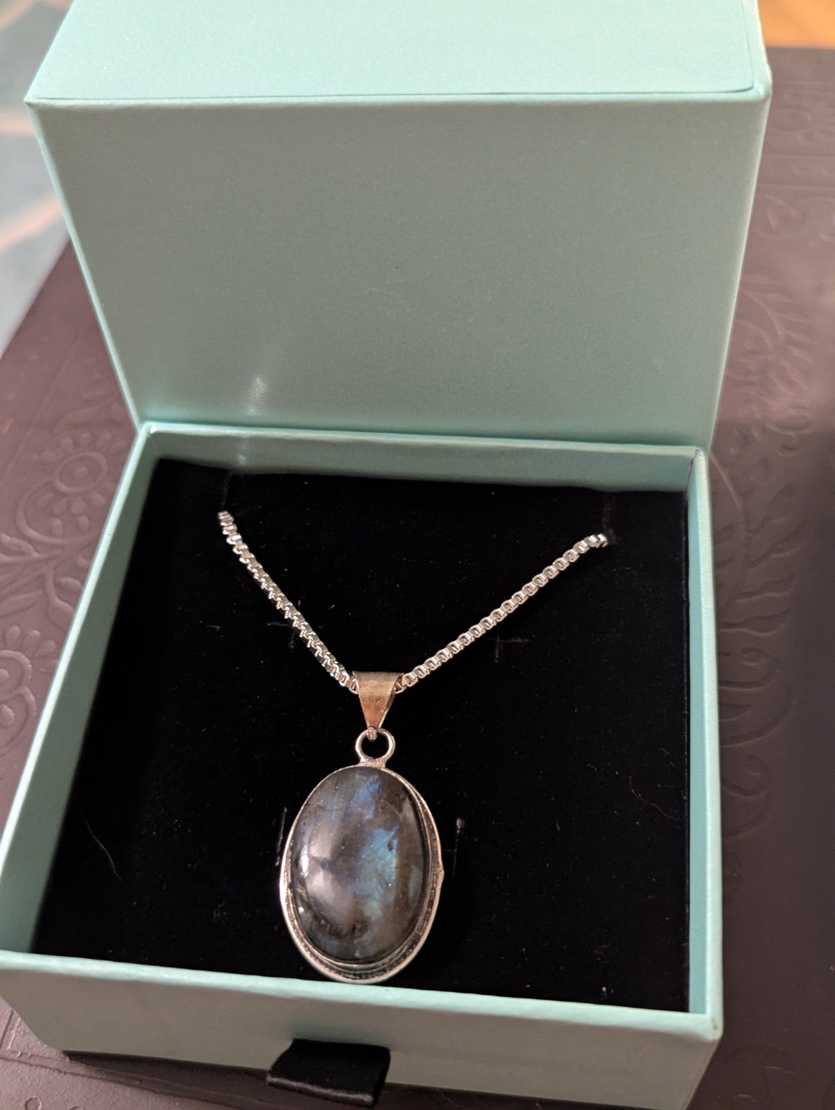 Vintage Sterling Silver Labradorite Oval Pendant on New 925 Box Chain Gift Ready