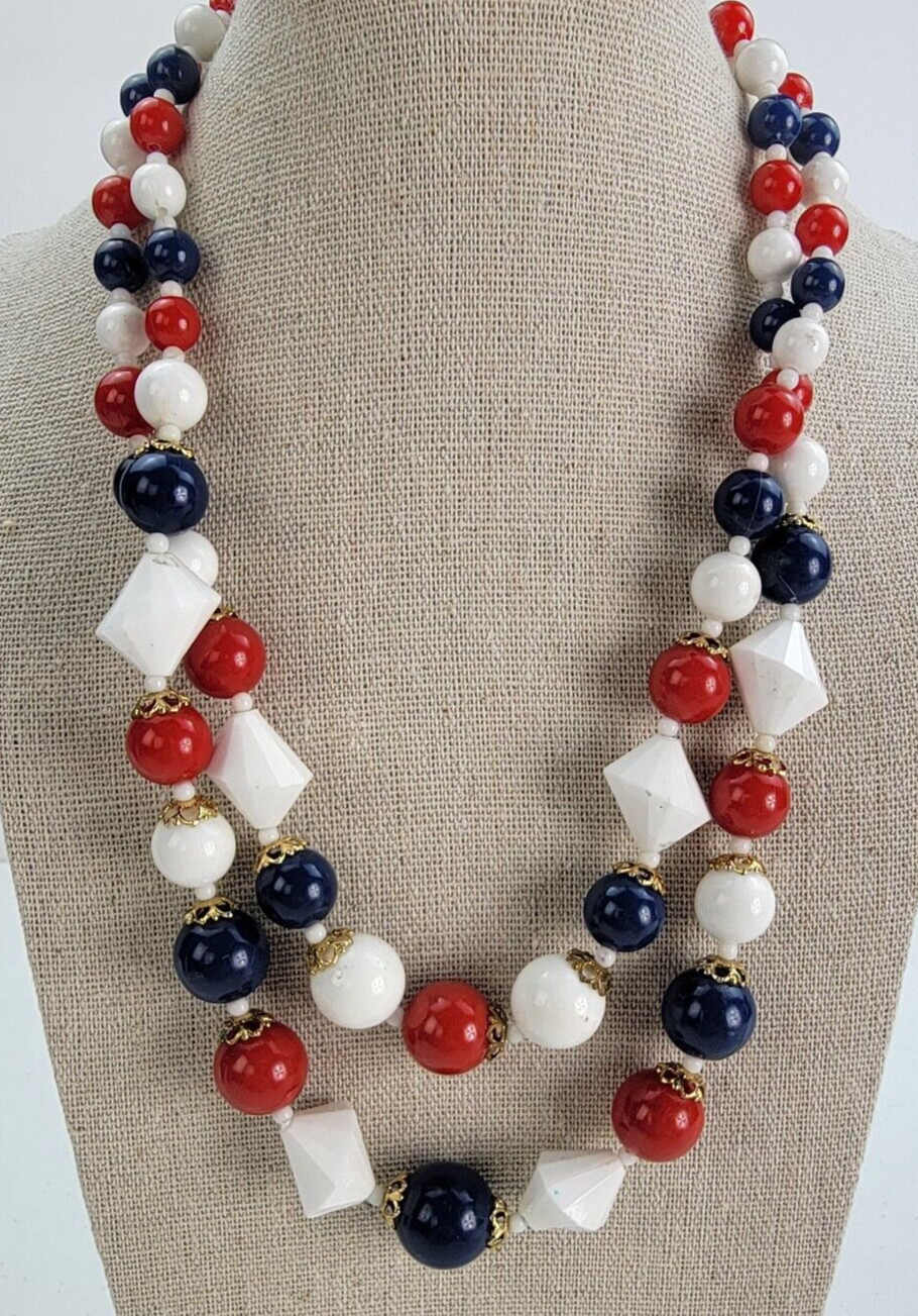 Vintage Patriotic Red White Blue Lucite Double Strand Necklace 18 In USA