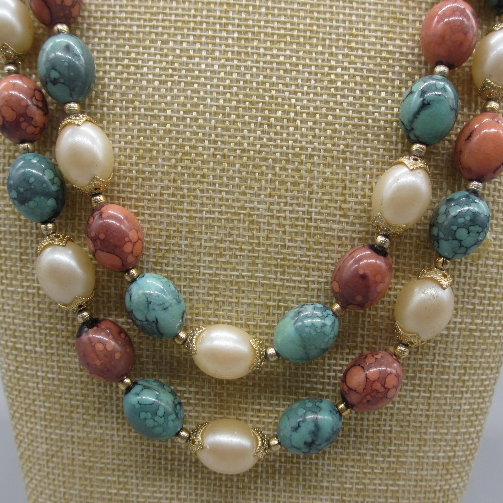 Vintage Hong Kong Necklace Mottled Beads Green Orange Simulated Pearl 19 Inch
